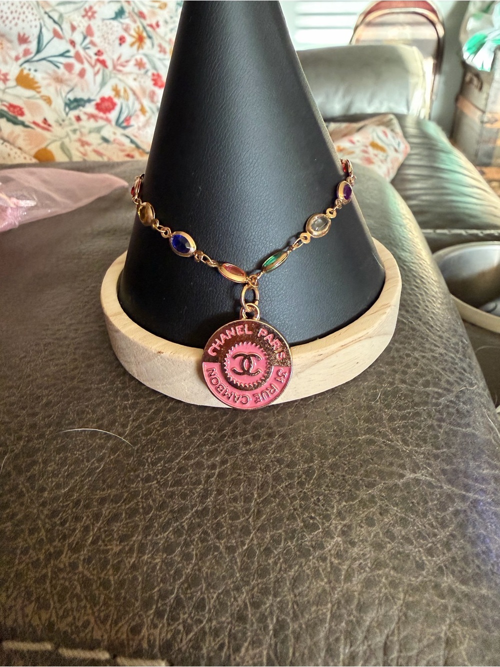 Upcycled Multicolor Crystal Charm Bracelet with Pink Logo Disc